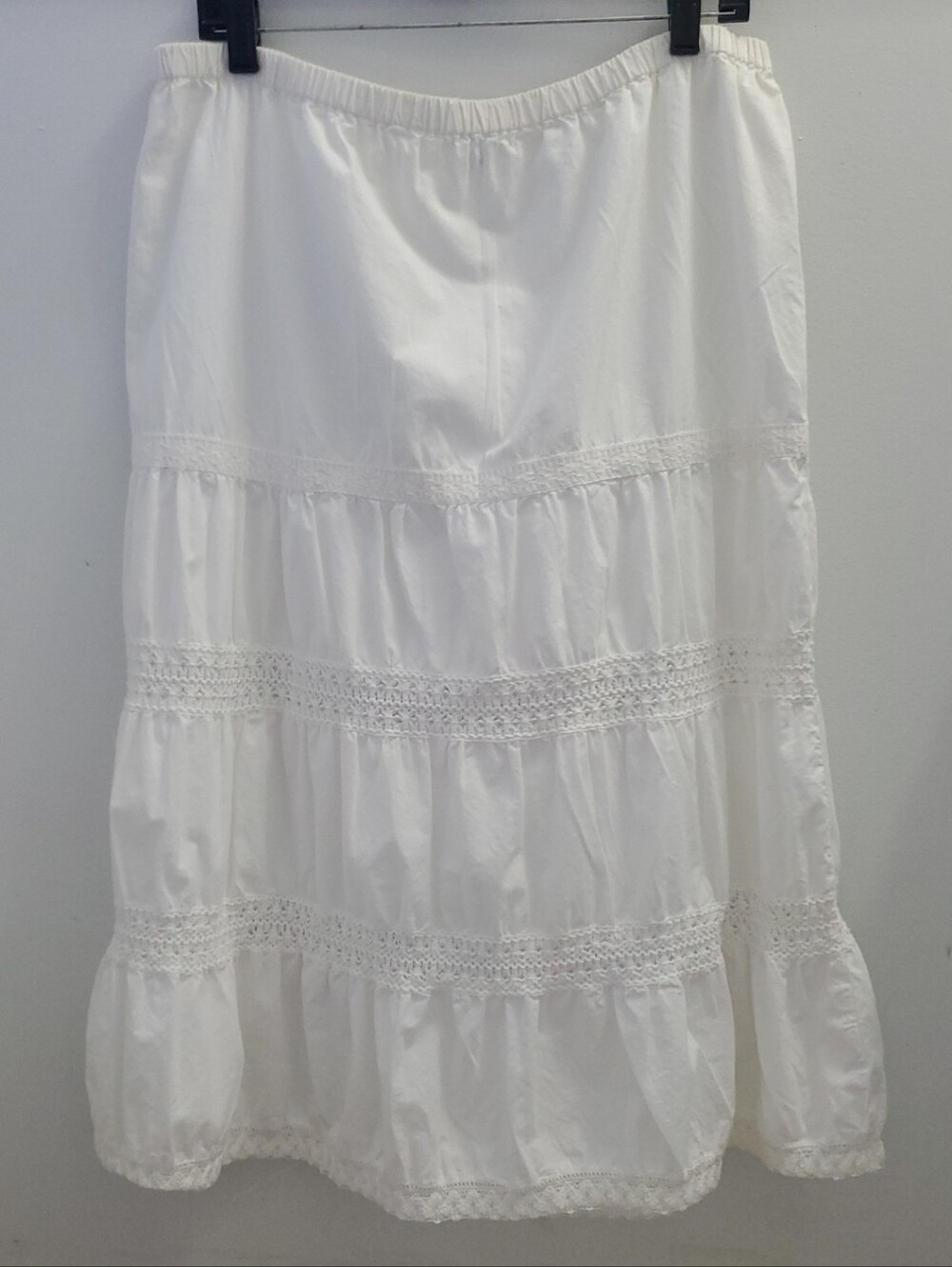 Provogue White Tiered Midi Boho Skirt with Crochet Lace Trim Size XL